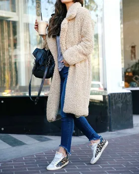 

Fashion Women Coat Long Sleeve Solid Lapel Teddy Bear Coat Faux Fur Fleece Jacket Overcoat Long Parka Tops Winter Warm Outfits