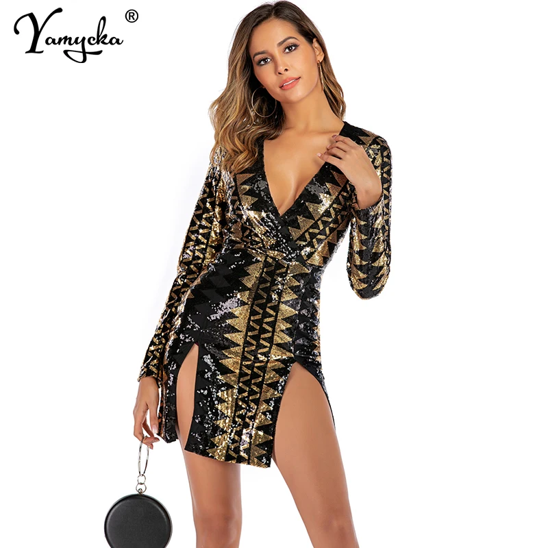 

sexy Black Gold Sequins party Dress women Long sleeve Split club Mini summer Dresses bodycon robe femme vintage dress vestidos