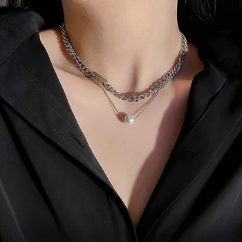 

Fashion Exaggeration Double Layer Brand Necklace Simple Trend Choker Punk Style Men's Non-mainstream Pearl Pe