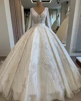 شراءMariage 2021 فساتين زفاف كبيرة على شكل حرف V مطرز باللؤلؤ الكريستالي بأكمام طويلة فساتين زفاف Mariage Bride