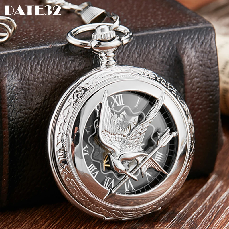 Roman Numeral Doctor Nurse Mechanical Pocket Watch Sliver Skeleton Dial Male Animal Bird Fob Chain Clock for Men Dropshipping