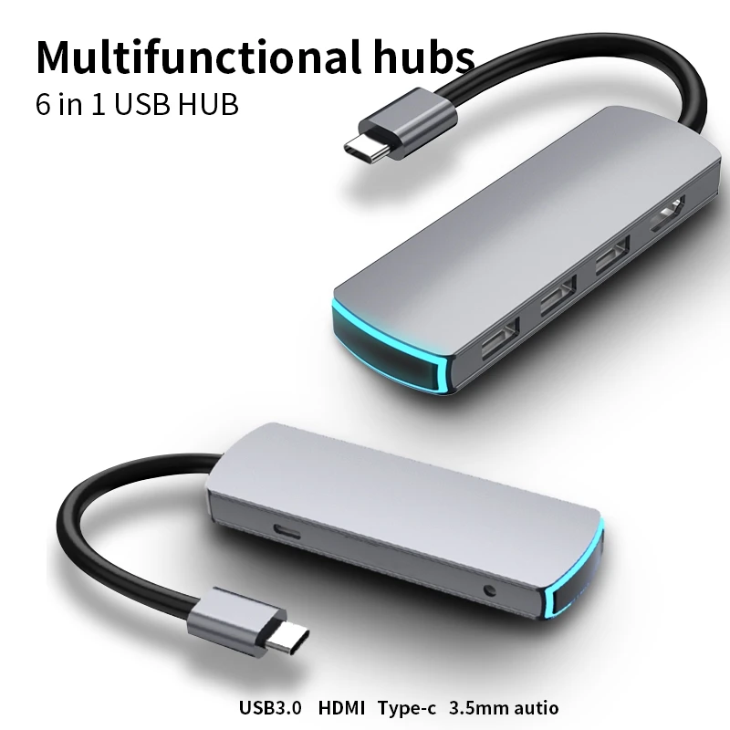 

MATE6 6in1 Type-C USB-C Hub Multiple Ports Docking Station USB3.0 HDMI 4K 3.5mm Audio Interface PD Charging For Laptop
