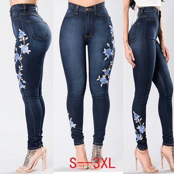 

Women Blue Rose Embroidered Denim Lady's Skinny Jeans Girl's Slim Trouser High Waist Sexy Pencil Pants Plus Size