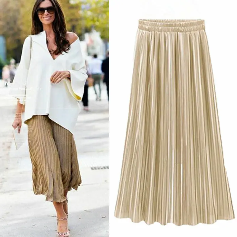 Spring Summer Pleated Skirt Womens Vintage High Waist Skirt Solid Long Skirts New Fashion Metallic Skirt Female Spring Summer Pleated Skirt Womens Vintage High Waist Skirt Solid Long Skirts New Fashion Metallic Skirt Female