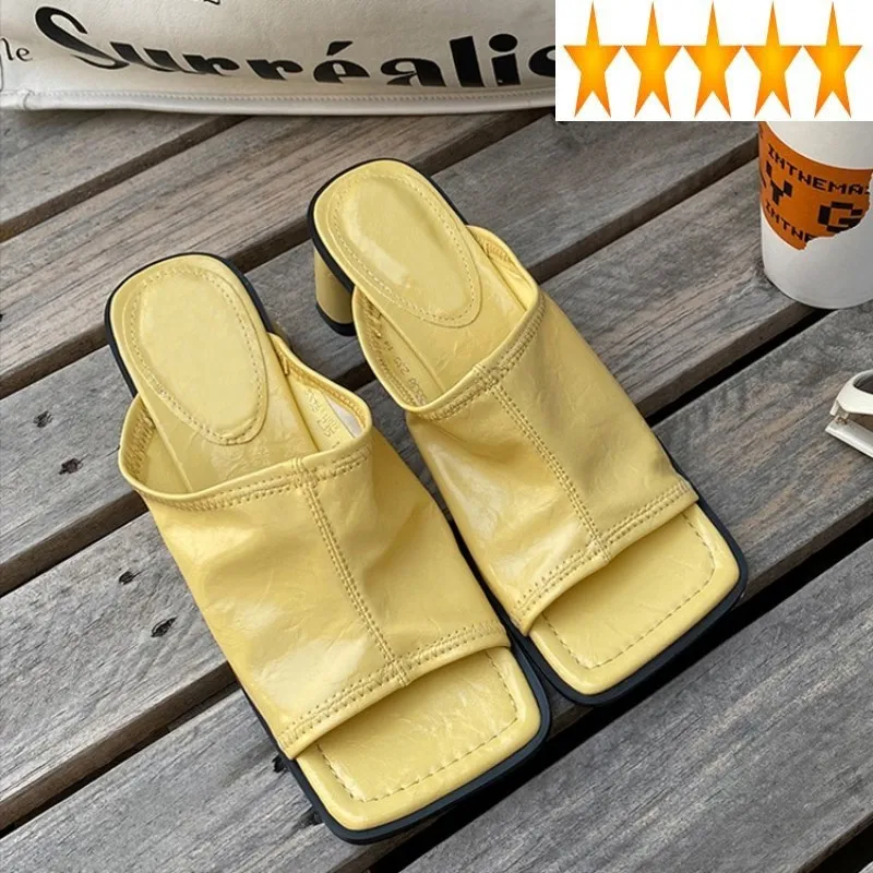 

Slip 2021 New On Summer Square Peep Toe Slides Fashion Designer Block High Heels Outside Ladies Casual Slippers Sandals