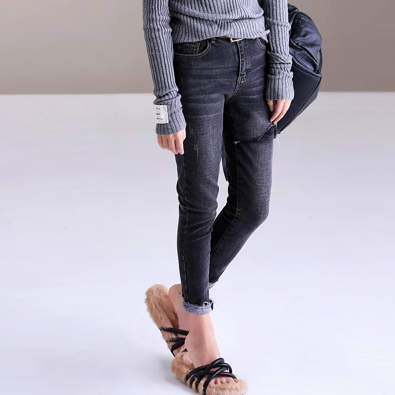 MICOCO N7127 корейские тонкие флисовые теплые джинсы - Цвет: Grey (fleece)