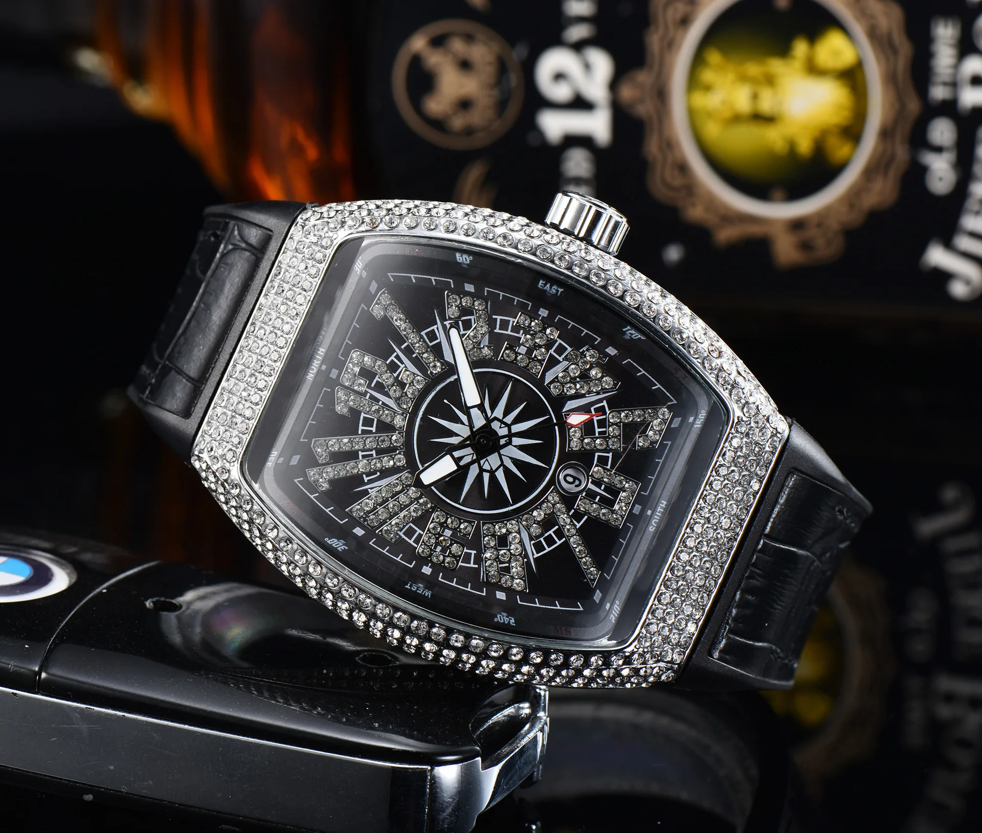 Luxury Hip Hop Cool Watch for Men Chronograph Man Quartz Dragon Watches Male Tonneau Iced Diamond Clock Hombre Relogio Masculino 