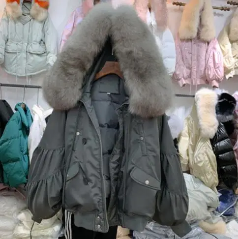 real fox fur Большой натуральный Лисий меховой воротник с капюшоном белый пуховик свободный короткий пуховик зимняя куртка Женская Толстая Женская парка - Цвет: real fox fur