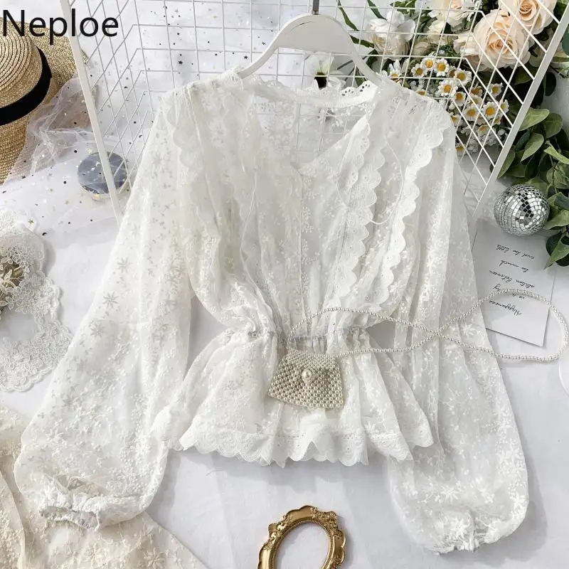 Neploe, элегантная кружевная блузка с оборками, на осень и весну, праздничная, v-образный вырез, пышная, длинный рукав, Blusas, тонкая талия, на шнуровке, Ретро стиль, Цветочная рубашка