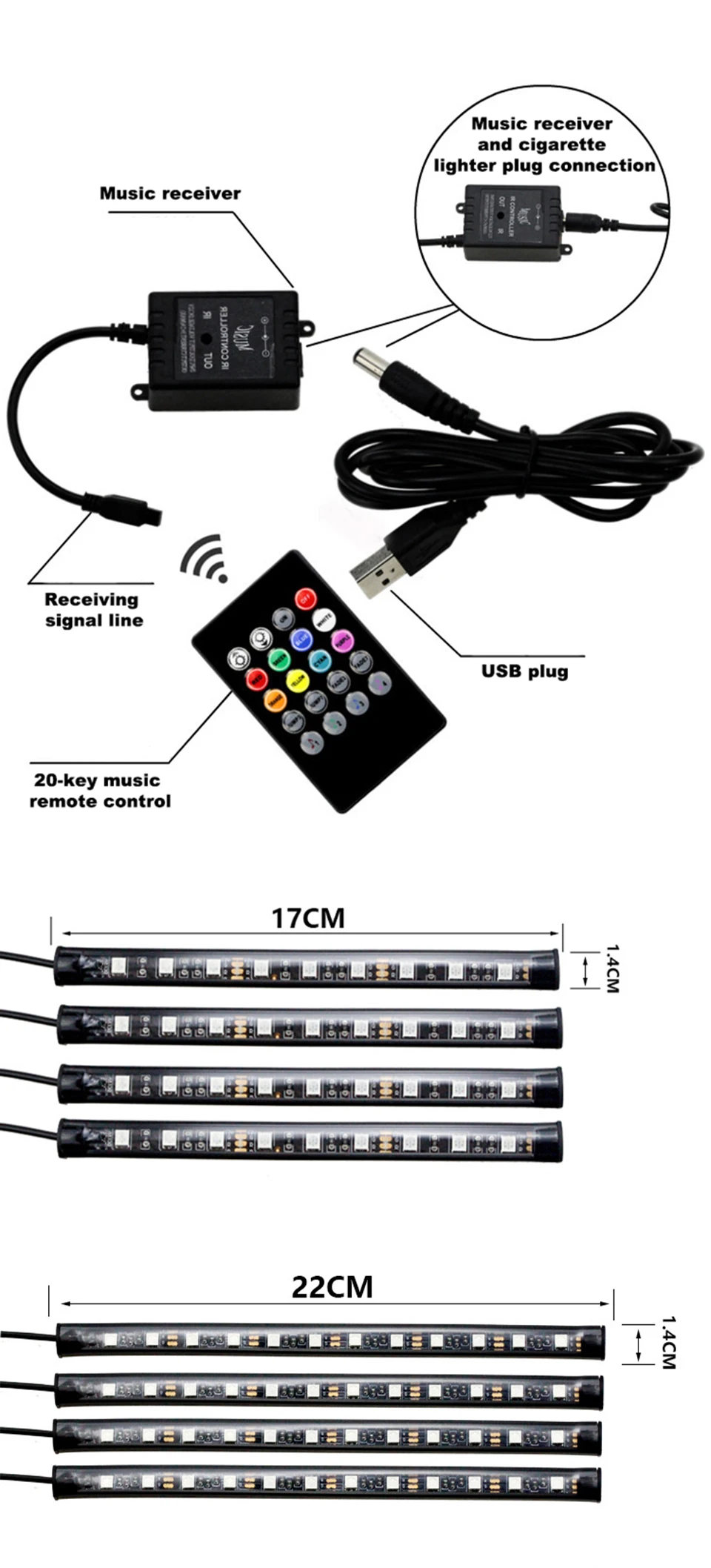 NLpearl 4 шт. музыкальное управление Автомобильная декоративная лампа USB Светодиодная лента 12 в 5 В RGB 5050 SMD Водонепроницаемая интерьерная лампа с пультом дистанционного управления