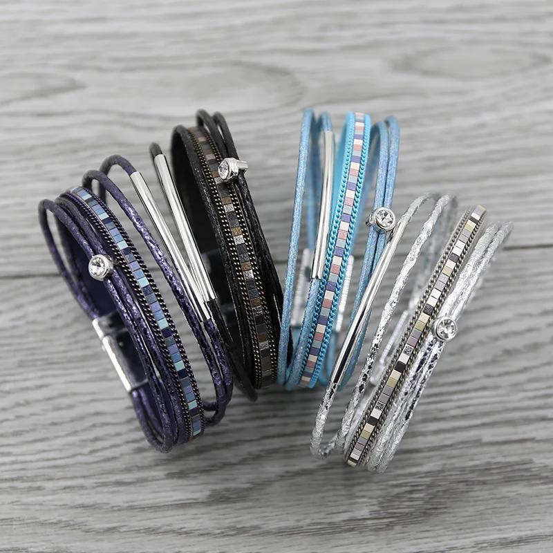 STRATHSPEY Fashion Holiday black multilayer leather bracelets for women rhinestone charm short bracelet Blue pulsera plata | Украшения и