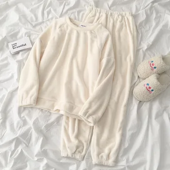 

Autumn Spring Home Wear Pant Set Women Casual Solid Thickening Warm Top + Elastic High Waist Long Pant Matching Set Twinset