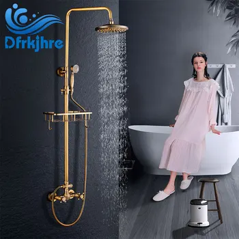 

Bathroom Antique Brass Rainfall Shower Head With Shelf Faucet Valve Tub Spout Hand Shower Wall Mounted Shower Faucets Sets Tap