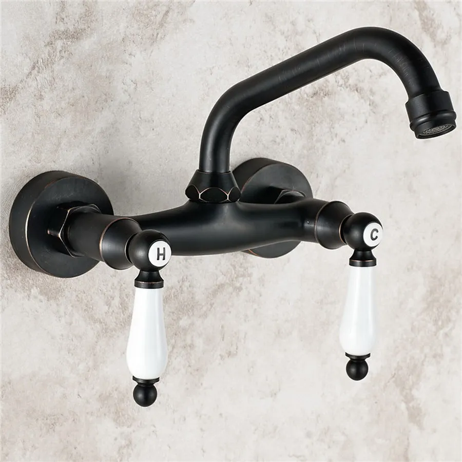 

Oil Rubbed Bronze Double Handle Kitchen Sink Faucet 360 Rotation Wall Mounted Bathroom Basin Cold And Hot Mixer Tap