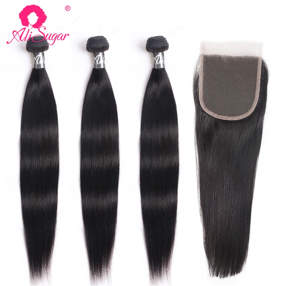 

Ali Sugar Virgin Hair Malaysian Silky Straight 3 Bundles With Closure 4*4 Lace Natural Color 100% Raw Human Hair Extensions
