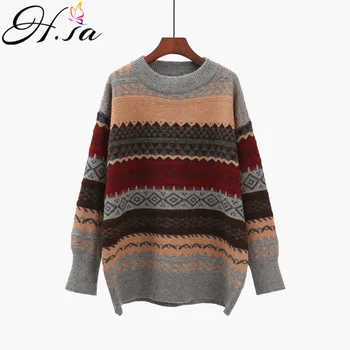 H.SA 2020 Donne Vintage Pullover e Maglie E Maglioni Inverno Stile Allentato A Righe Tirare Ponticelli di stile Coreano Maglieria Casual Magliette E Camicette Femme