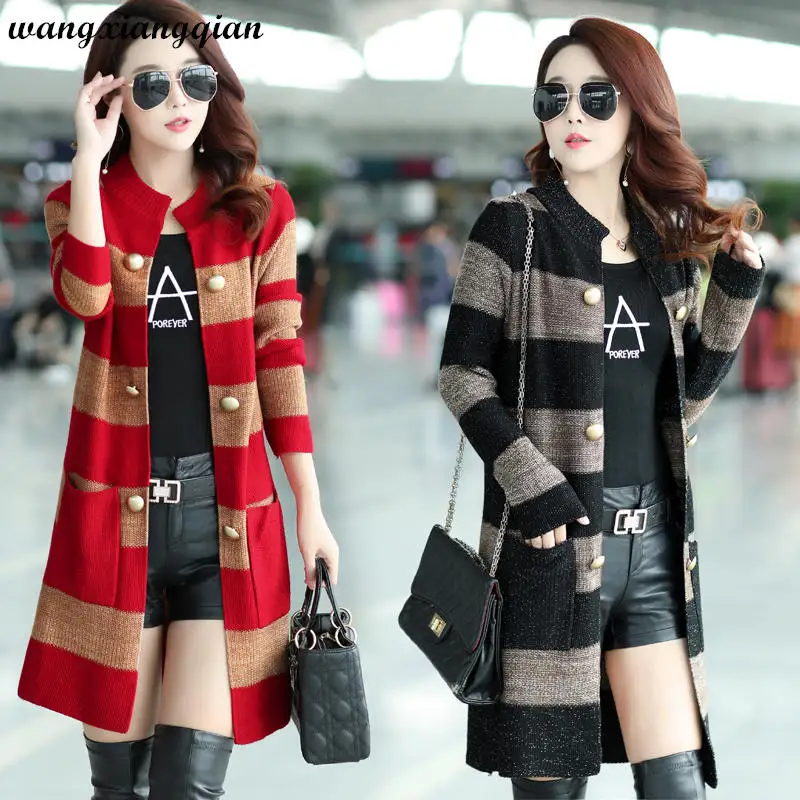 

Women's Cardigan Sweater Spring Autumn Selling Fashion Sweater Wool Casual Double-Breasted Low Round Neck Striped Sweater Z15