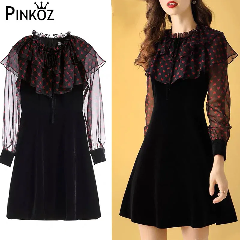 Pinkoz sweet heart love printed ruffles patchwork velvet black mini dress long sleeve office lady casual spring autumn new | Женская