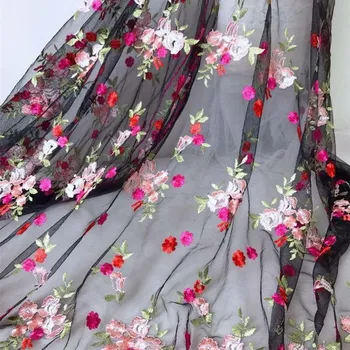 

1 Yard Beautiful Floral fabric, Black/ White tulle lace fabric, Multi-color flowers Embroidered lace fabric for dress,curtain