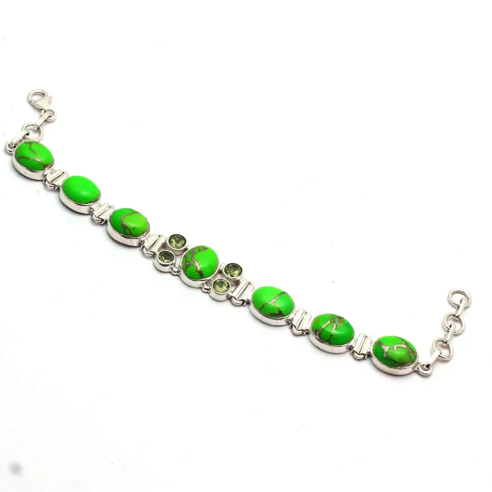 

Genuine Green Copper Turquoise + Peridot Bracelet 925 Sterling Silver, 19.5 cm, 2SBR0063