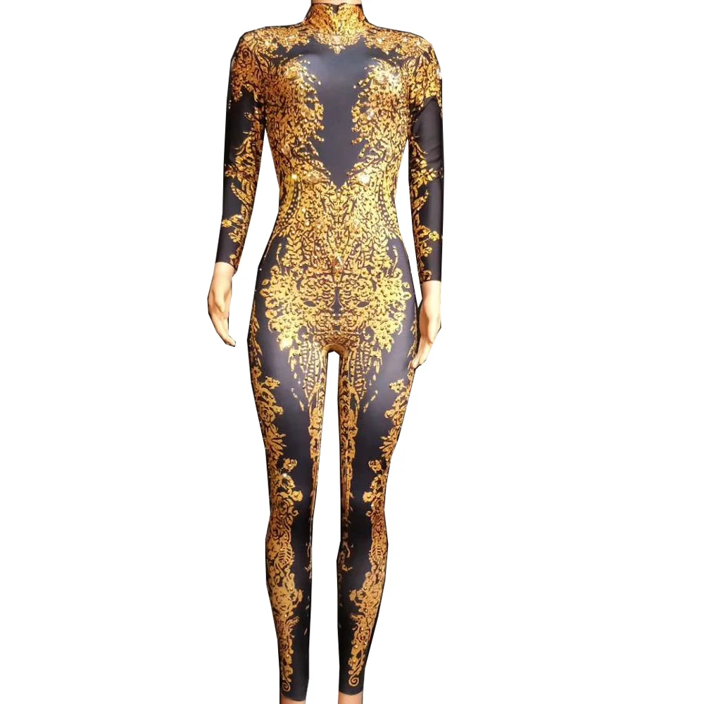 

Gold Rhinestones Pattern Printing Jumpsuit Long Sleeve Backless Leotard Personality Performance Costume Lady Party Evening Wear