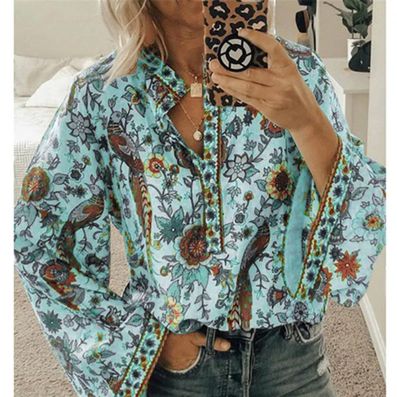 Fanbety Plus size Autumn Chic Blouses women Peacock Floral Print Long Sleeve Shirts women Casual V-neck Boho Blouse Tops Female