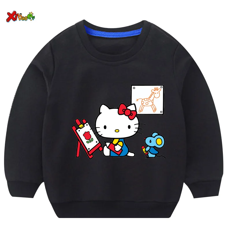 Свитшоты для маленьких девочек Футболка hello kitty г. Осенние толстовки для малышей, пуловер с длинными рукавами Модная одежда с героями мультфильмов красный, белый