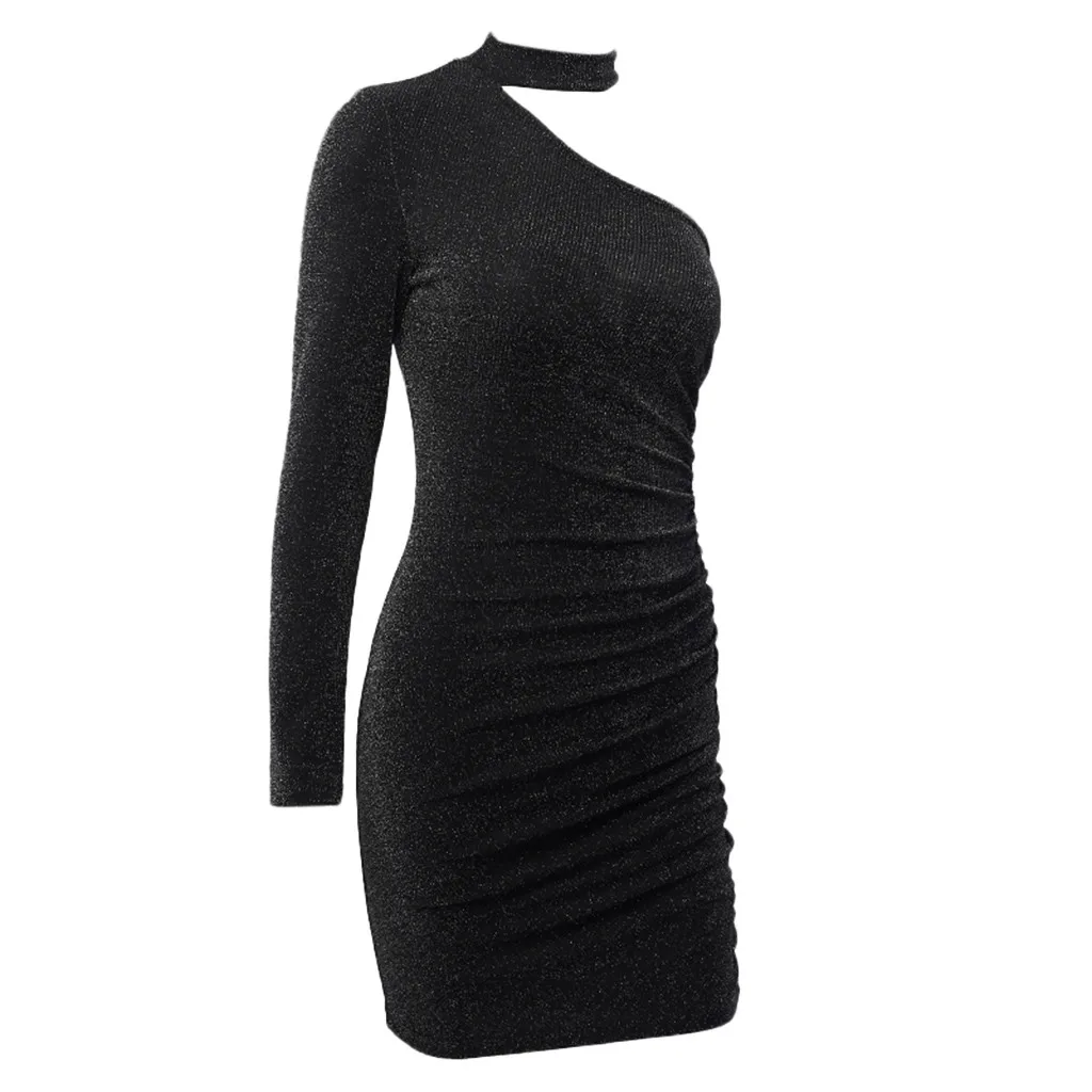 Feitong Vestidos, женское осеннее платье, воротник-чокер, одно плечо, рукав, одноцветное, сексуальное, тонкое, мини, вечерние платья, платье для женщин