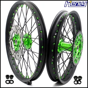 

21/18 Motorcycle Rim Complete Spoked Wheels Set For KAWASAKI KX250F 2019 Green Nipple Black Spoke Discs Rims