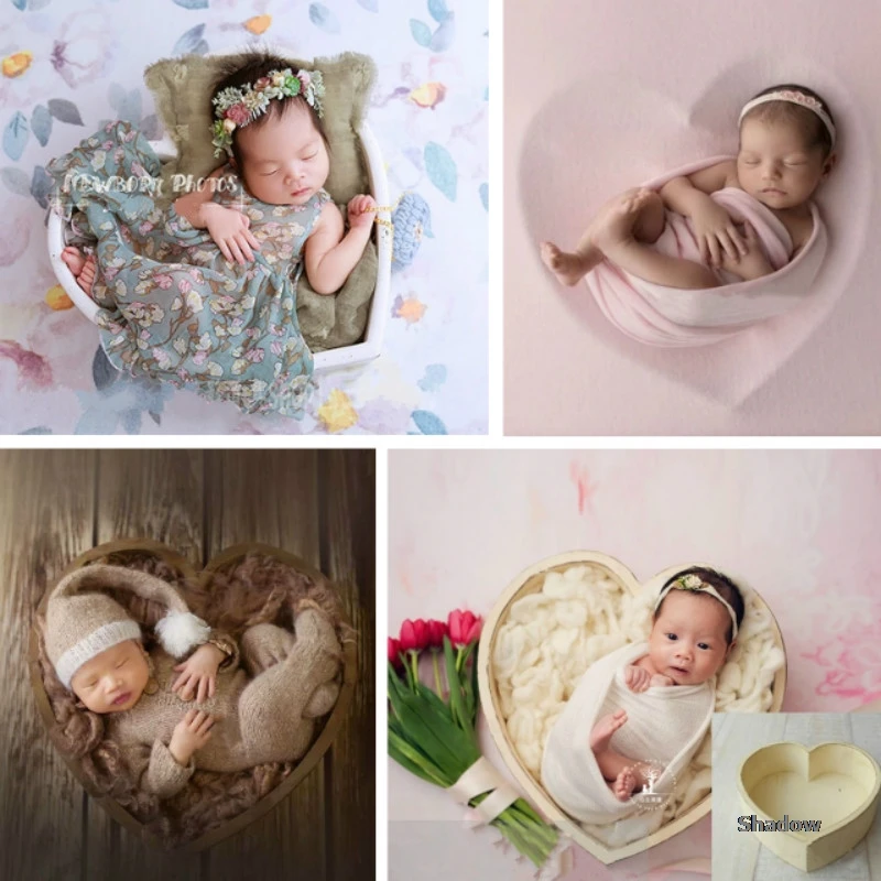 Baby Photography Props Posing Props Heart Shape Bed Infantil Photo Container Newborn Shoot Accessories Wooden Basin Multi-colors