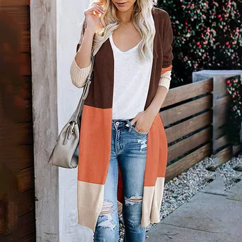 

Three Color Patchwork Long Cardigans Women's Striped Knitted Sweater Autumn Winter Fashion Coat Streetwear NEW
