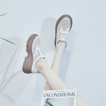 

2019 autumn new fashion simple solid color thick sole casual shoes women trend leather comfortable hollow breathable flat shoes