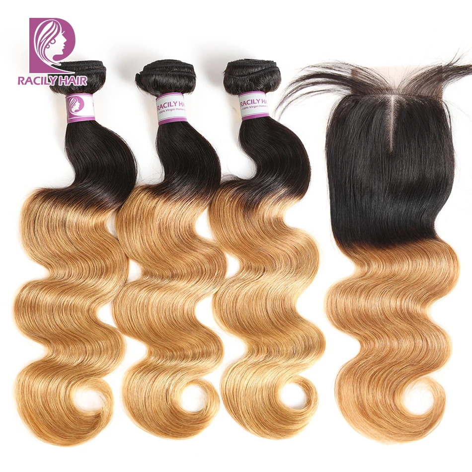 

Racily Hair Ombre Brazilian Body Wave Bundles With Closure Remy Hair 3/4 Bundles With Closure T1B/27 Blonde Bundles With Closure