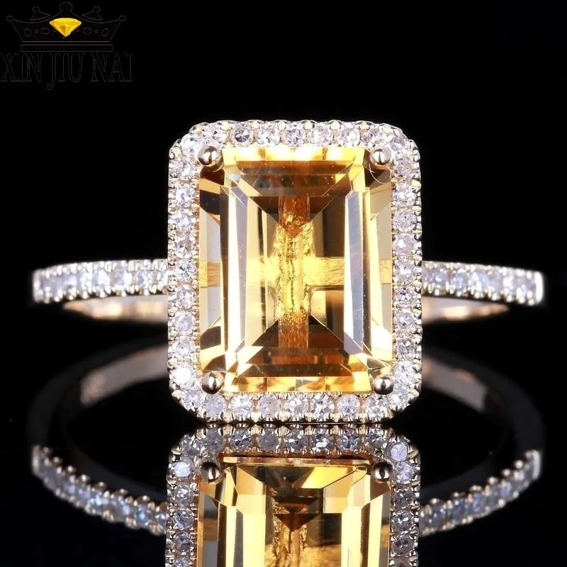 Chic and elegant champagne color large square yellow stone ring women silver zirconium bride fashion jewelry | Украшения и