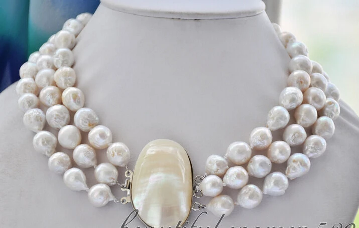 FREE*3strands 13mm white almost round keshi reborn Edison pearl necklace(z6681) AAA