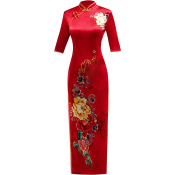 

New Arrival Oversize 3XL 4XL 5XL Autumn Vintage Half Sleeve Cheongsam Sexy Women Formal Long Dress Print Flower Velour Qipao
