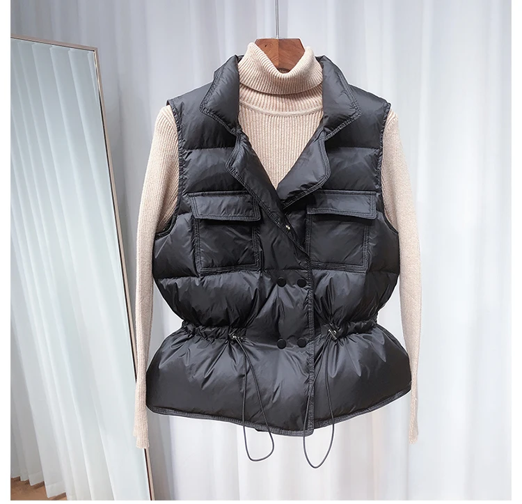 

Fall/Winter Ultra-light Down Vest Korean Version of Joker Drawstring Waist Down Vest Waistcoat Stand Collar Vest Sleeveless Coat