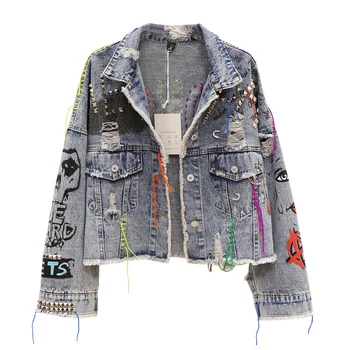 

Graffiti Denim Jacket Women Personality 2020 Autumn Short Ripped Hair Edge Cut Rivet Jacket Color Tassel Jeans Female Outwear
