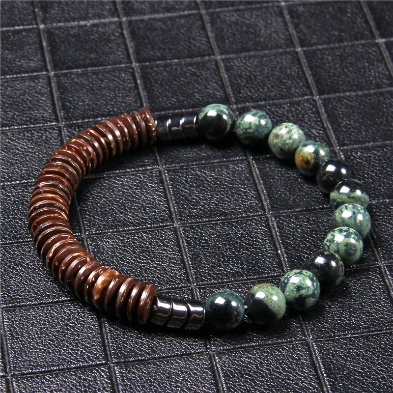 Natural Stone Round Beads Coconut Wood Flake Bracelets Bloodstone Lava Stone Wooden Bead Male Bracelet Unique Style For Men Gift - Image 5