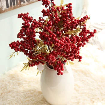 

Artificial Foam Fruit Christmas Red Berry Winter Flower Bean Wedding Home Decor Plastic Fake Flowers Leaf Holly Home Decoration