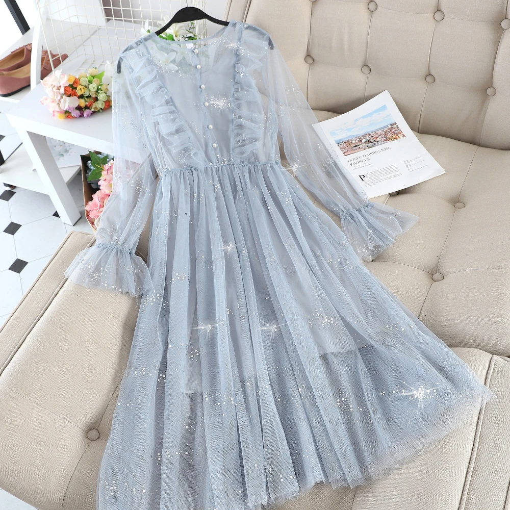 

2019 Women O-neck Flare Sleeve Pleated Pearl Bead Button Ruffles Dress Vintage Bling Sequined Elastic Slim Mesh Gauze Midi Dress
