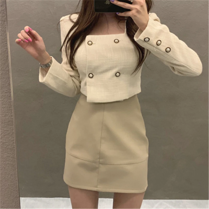Short Women's Jackets New Slim-fit Sexy Square Collar Double Breasted Ultra Short Females Coats Elegance OL Tops 2020 Chic