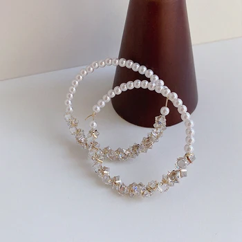 

Korean Elegant Handmade Pearl Hoop Earrings For Women Simple Temperament Crystal Circle Round Earrings Statement Jewelry Brincos