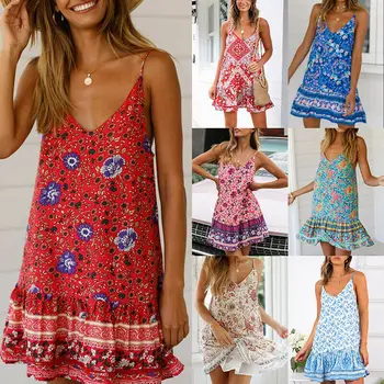 

Womens Summer Sling Dress Boho Casual V Neck Linen Vest Sleeveless Beach Mini Dresses Sundress