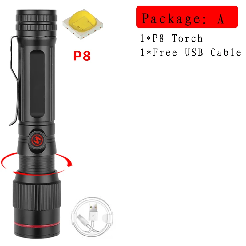 Brightest XHP90 Rechargeable LED Flashlight Powerful XHP70.2 Torch Super Waterproof Zoom Hunting Light Use 18650 or 26650 Battey - Испускаемый цвет: Package A-P8