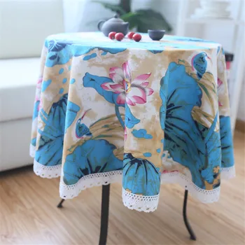 

Cotton Linen Round Tablecloth Classical Chinese Style Lotus Table Cover Home Restaurant Decor Pastoral Blue Lace Round Cover