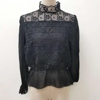 

2020 New Women Lace Blouse Long Sleeve White or Black Hollow out Sweet Tops Ladies Shirt