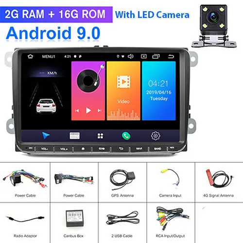 2 G 16G 4 led camera Camecho Android 9,0 2 din Автомобильный мультимедийный плеер для VW Passat Golf MK5 MK6 Jetta T5 EOS POLO Touran Seat Sharan gps навигация - Цвет: 2 G 16G 4 led camera