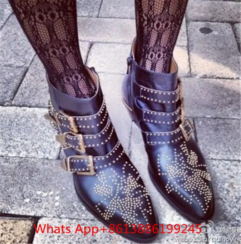 Susanna/ботильоны с шипами; женские кожаные ботинки; Botas Mujer; бархатные Ботинки Martin с круглым носком и заклепками; Bota Feminina; zapatos mujer - Color: as pic