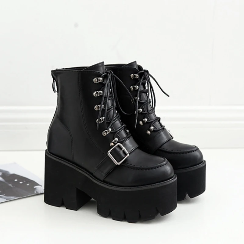 

Lace up Platform Women's Boots Buckle Strap High Heel Martin Boots Women Black Ankle Boots for Women Goth Boots SWE0279